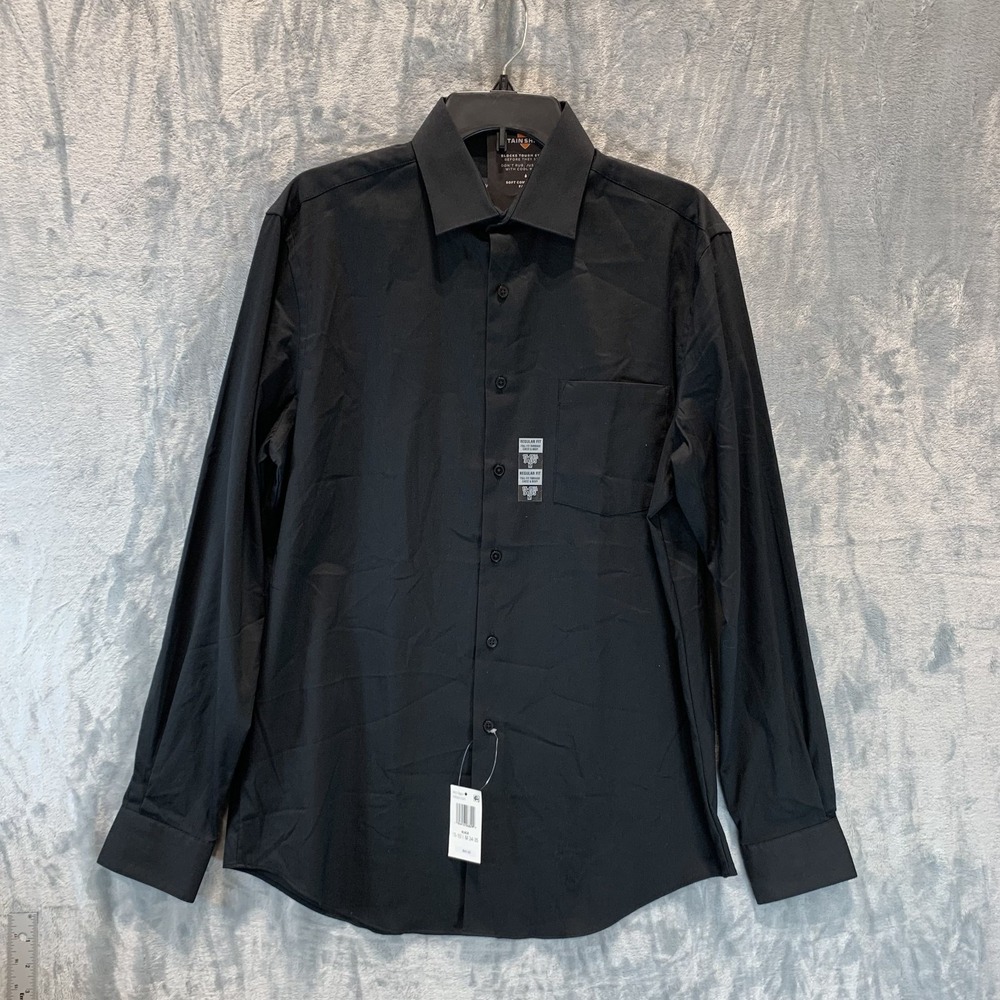 Van Heusen Men's Button Up Shirt M Black Regular Fit Stain Shield Stretch 34/35
